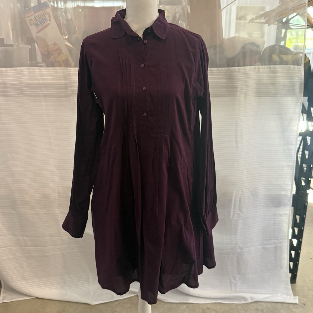 Evolverie‎ XS Handcrafted Pakistan Cotton Tunic Dress Burgundy Pleated Boho